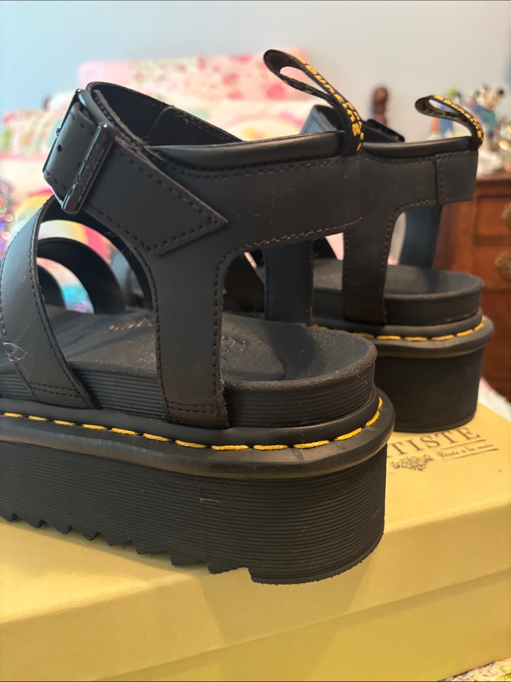 Dr. Martens Women Black Platform Strappy Sandals with Yellow Stitching-NWOT - Picture 10 of 10